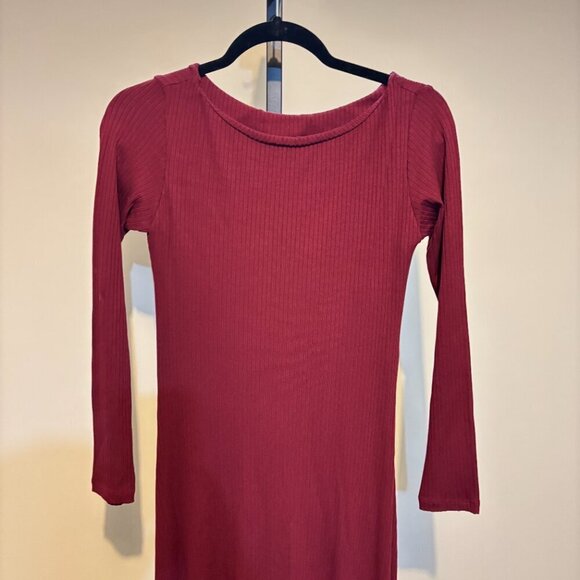Farm Rio Burgundy Boat Neck Midi Dress Ribbed Long Sleeve - Picture 7 of 14